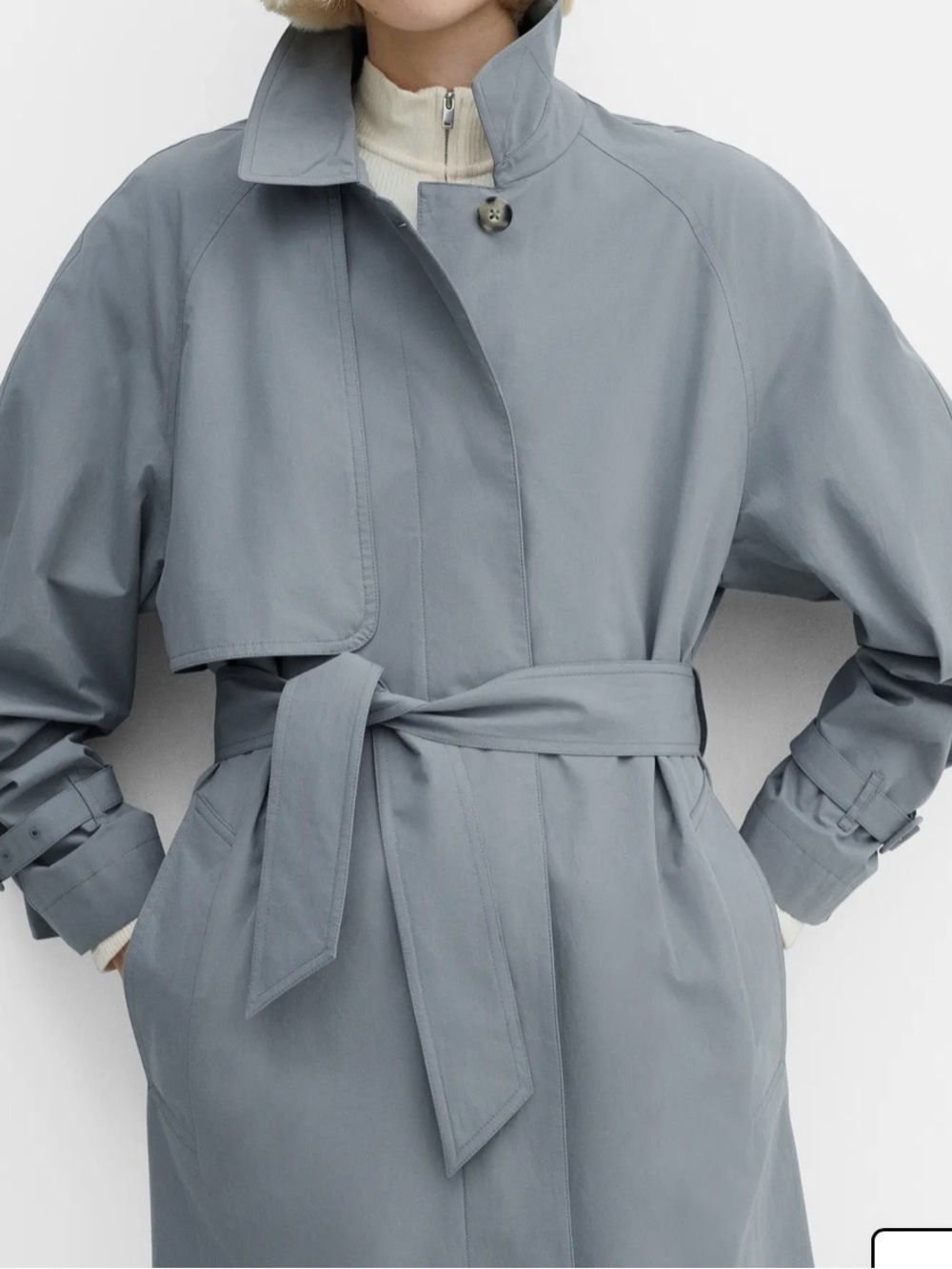 Mango Light Blue- Gray Belted Trench Coat - Women's